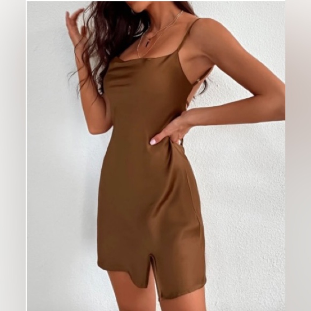 sexy coffee brown satin mini dress - Picture 1 of 4